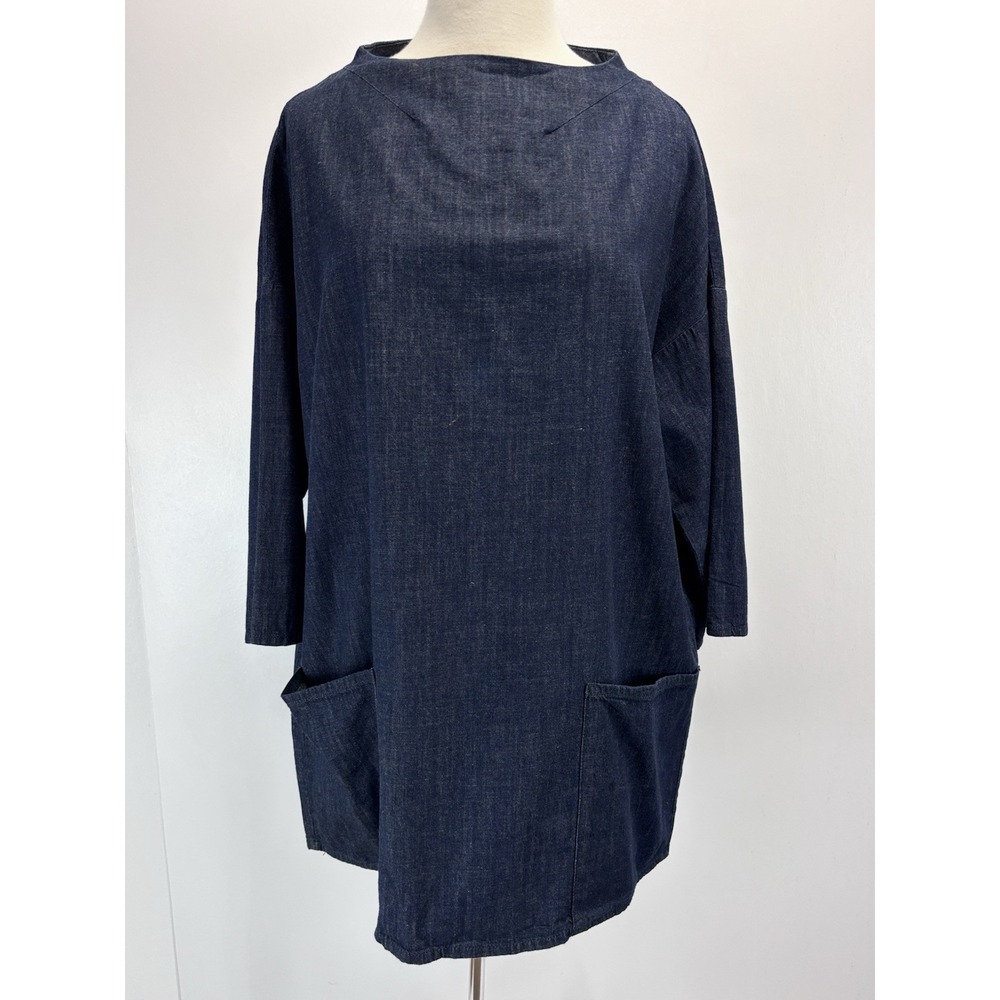 Zara Denim Shift Dress Sz Small Women's Blue Pockets Funnel Neck Mod Retro